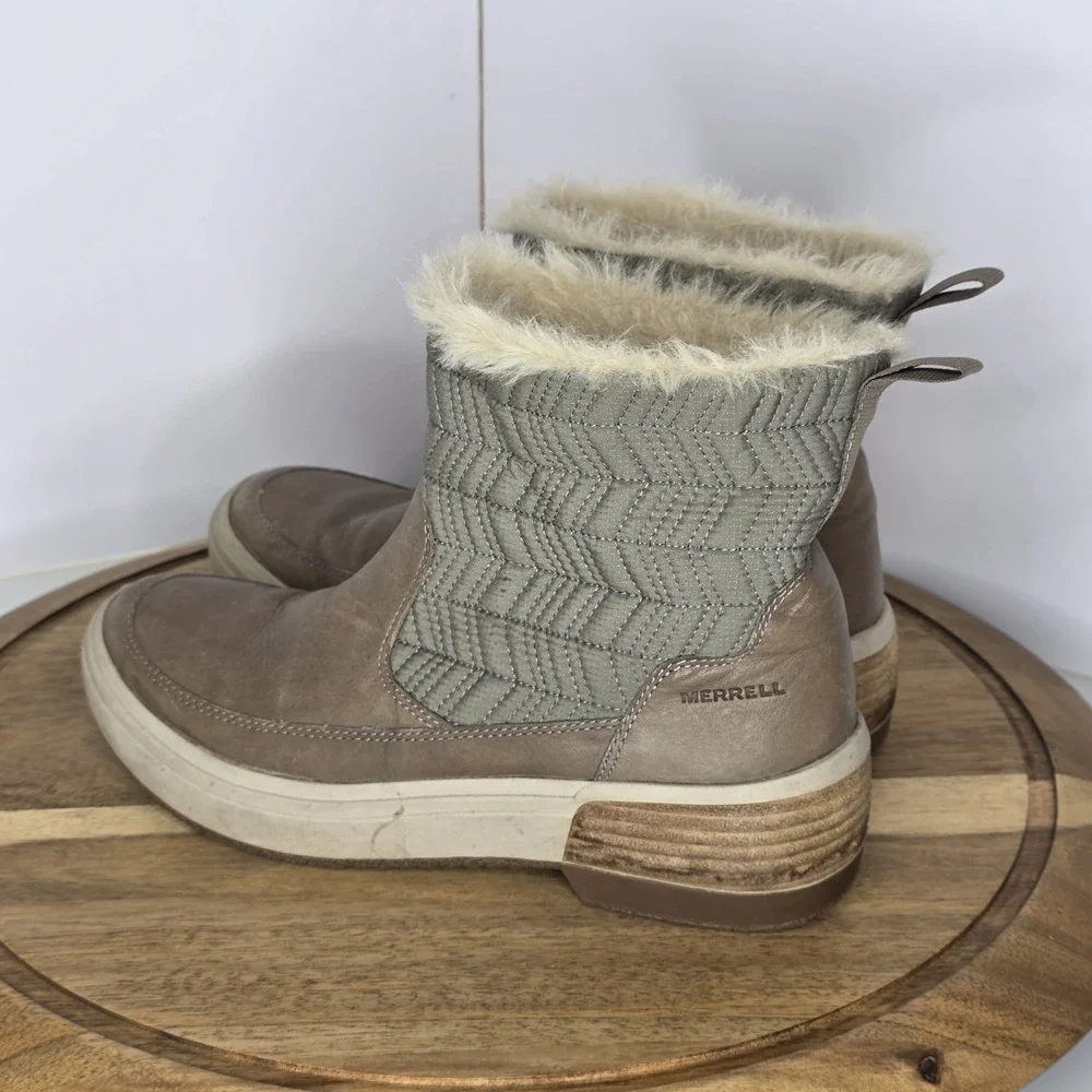 $155‎ Haven Bluff Waterproof Boots Sz 8 Leather Brindle Faux Fur Winter Beige